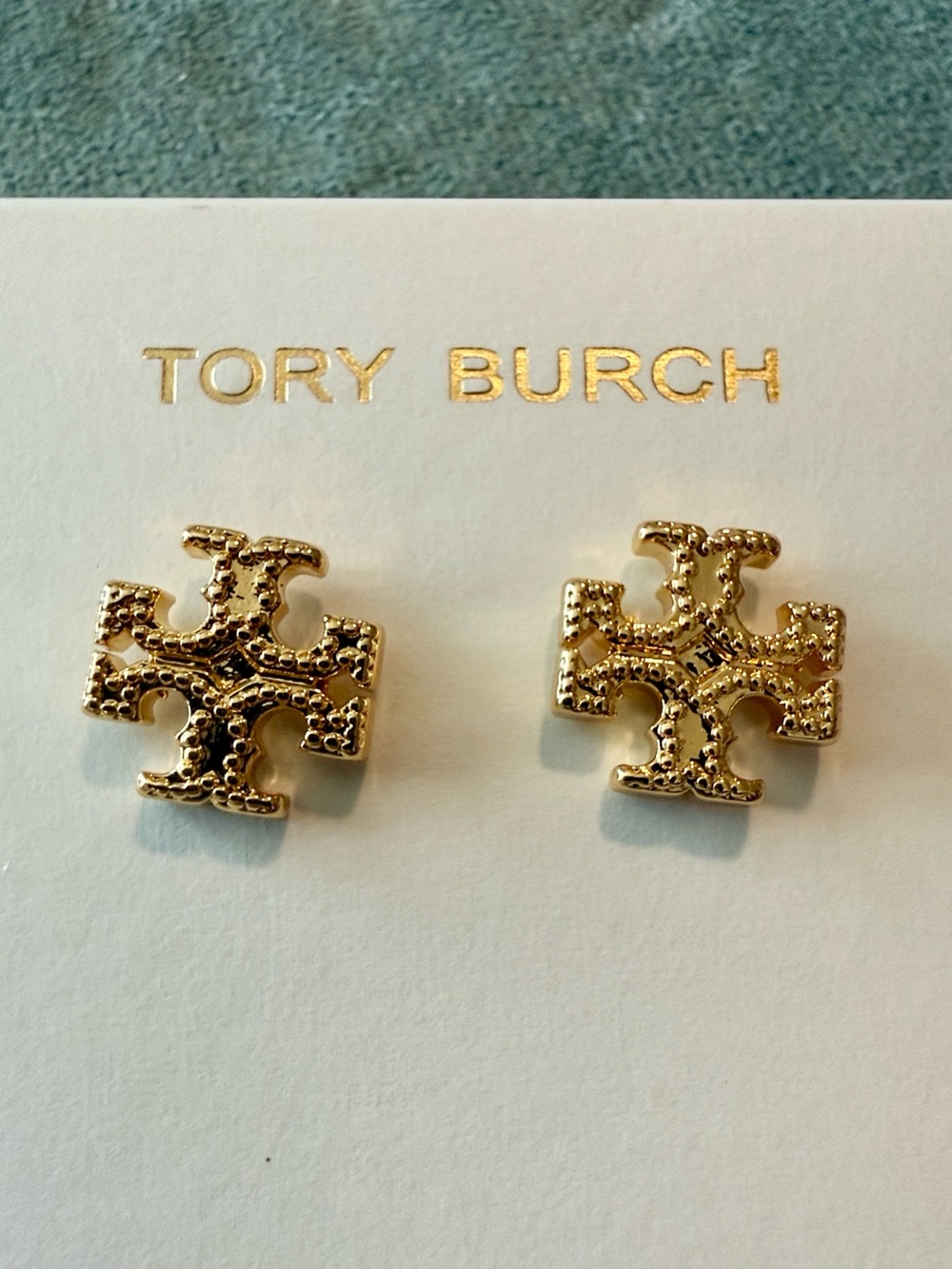 Tory Burch | Gold Plated Icon Textured Logo Stud Earrings